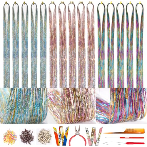 15 Tinsel Hair Extensions with Pliers Kit - Gradient Rainbow Pink Blue 47 Inch