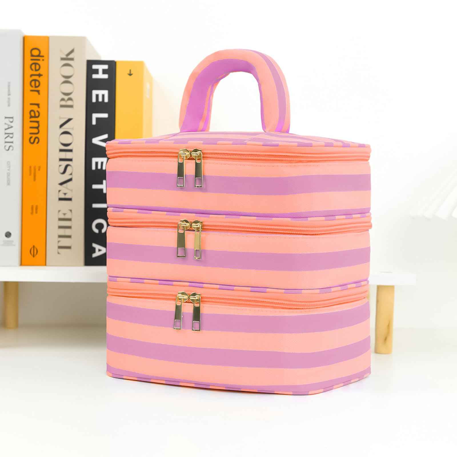 Apxouans Three Layer Makeup Bag for Women Fashion Stripes Cosmetic Bag Preppy Style Travel Water-Resistant Toiletry Bag for Storage Toiletries Cosmetics Sets for Women Teen Girls Purple