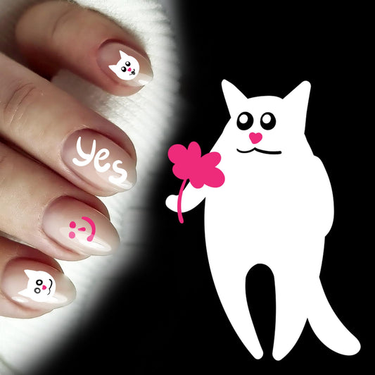 Nail Stickers Decals (5 Sheets) FLONZNAIL Sweet Funny White Cat Faces and Poses Nail Decor Transfer Vintage Styled Stickers