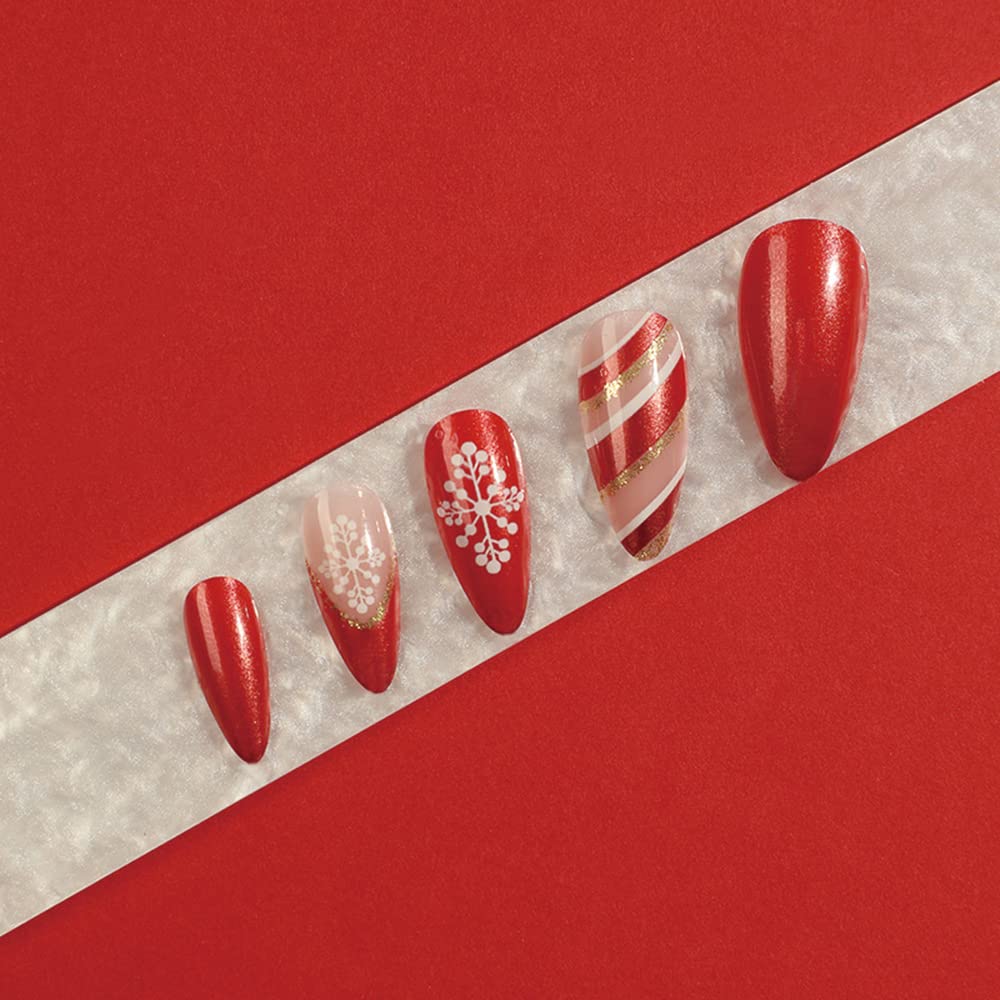 Christmas Press on Nails Medium Fake Nails Almond Glitters Strip Snowflake Pattern Red Nail Decorations Full Cover Acrylic Nail Tips Fingernails Cute New Years Party Stick on Nails for Women 24Pcs