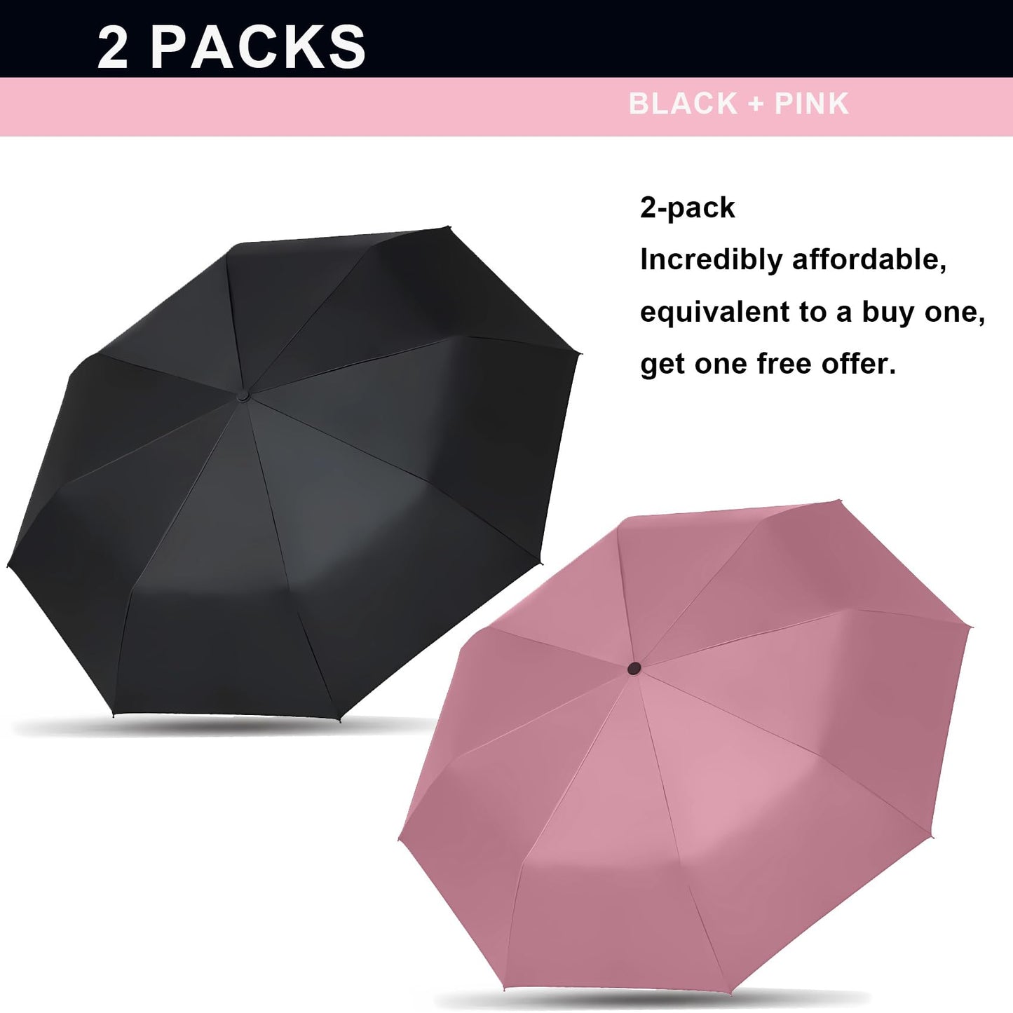 SIEPASA Two Packs Auto Open & Close Small Travel Umbrella Compact for Backpack-Umbrellas for Rain, Windproof Lightweight Strong Mini Portable Umbrellas for Men and Women.(Black & Pink, 2 Pack)