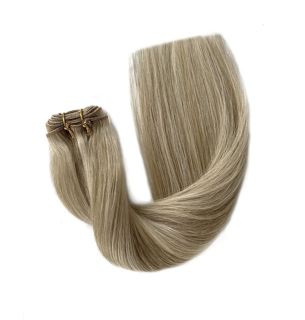 Weft Hair Extensions Human Hair Beige Blonde Mix Platinum Blonde Highlights Sew in Hair Extensions Real Human Hair Hand Tied Weft Hair Extensions 12inch 80g