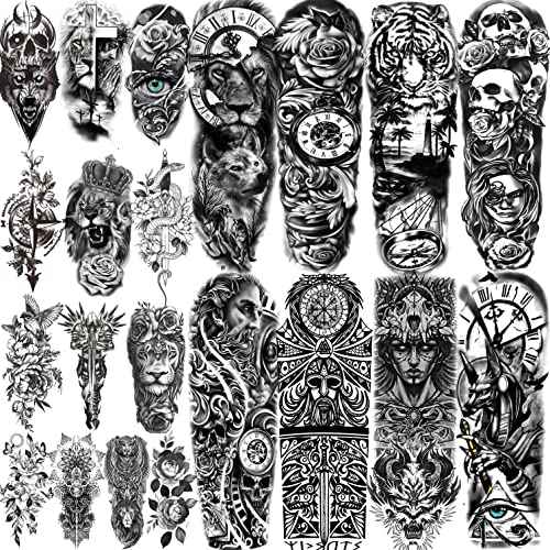 COKTAK 21 Sheets Extra Large Black Temporary Tattoos For Women Adults Greek Myth With 8 Sheets Full Arm Sleeve For Men Maori Warrior Compass and 13 Sheets Fake Large 3D Tatoo Stickers