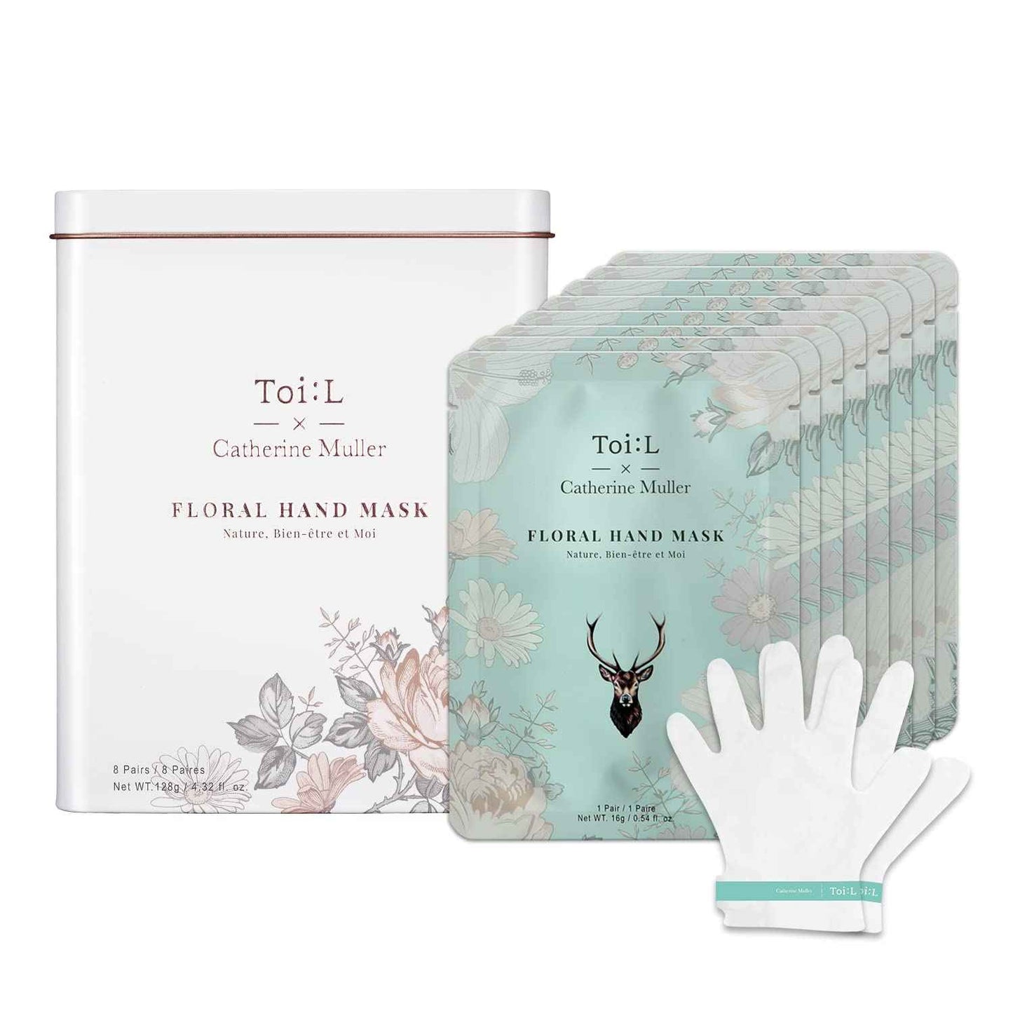 Catherine Muller Floral Hand Mask 8 Pairs, Moisturizing Gloves for Dry Hands with Elder Flower & CICA, Repairing and Nourishing Hand Care Treatment for Cracked, Rough, and Dry Skin, Stocking Stuffers