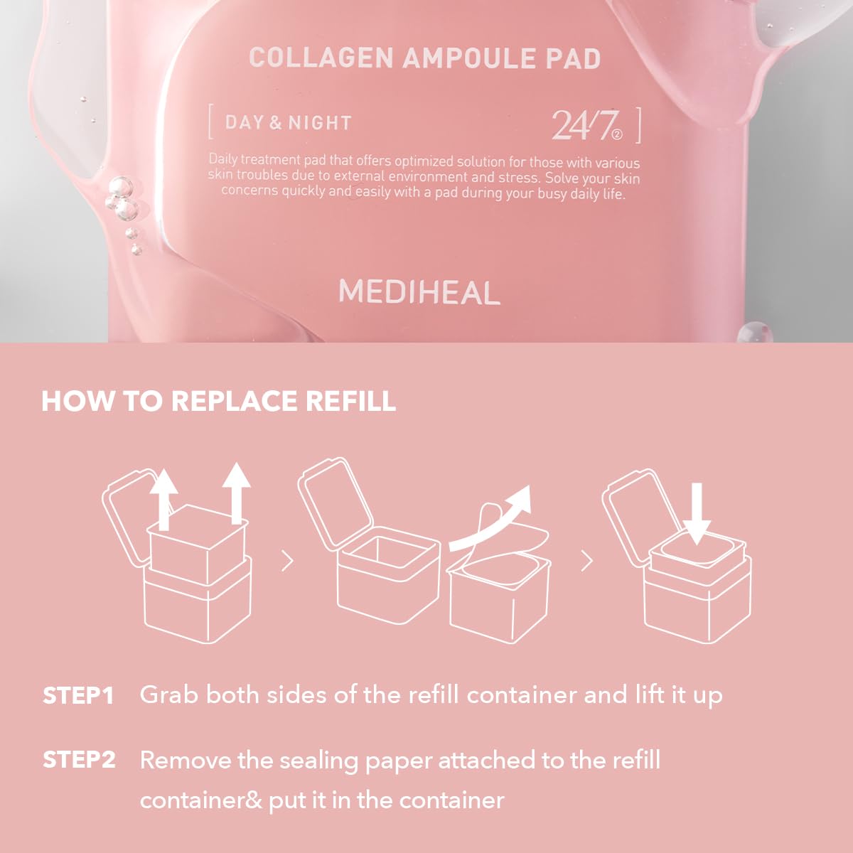 (Only Refill) Mediheal Collagen Ampoule Pad (100 Pads) - Cotton Facial Toner Pads for Skin Firming & Restore Elasticity - Vegan Eco Silk Pad