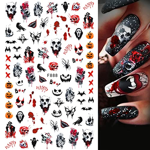 8 Sheets Halloween Nail Art Stickers Decal 3D Gothic Punk Horror for Halloween Black Snake Skull Spider Ghost Scary Wound Scar Bloody Nail Designs Holiday Nail Stickers for Halloween Nail Decorations