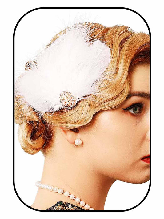 GENBREE 1920s Flapper Headband White Feather Hair Clip Rhinestone Headpiece Prom Party Hair Accessories for Women and Girls (Pattern 1)