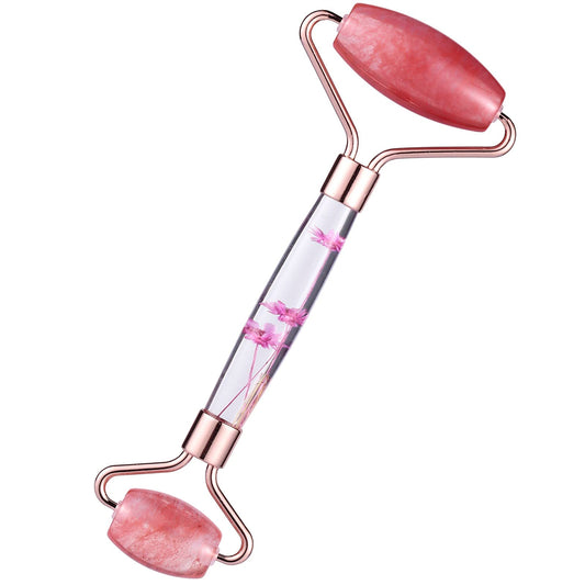 Amogeeli Cherry Quartz Stone Roller for Face, Beauty Massage Facial Roller for Wrinkles, Puffiness