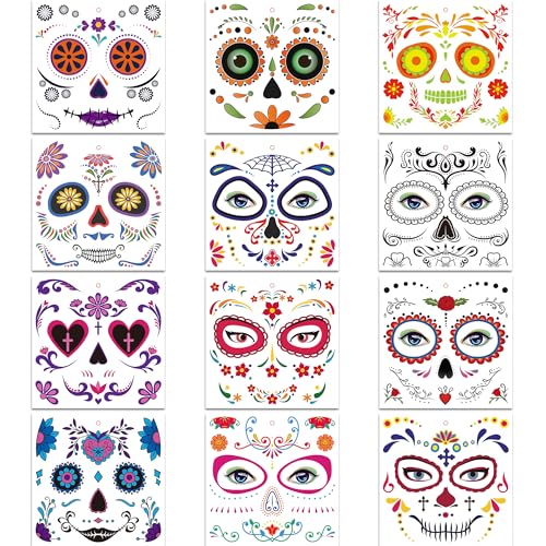 Sugar Skull Face Tattoos 12 Pack Halloween Skeleton Makeup
