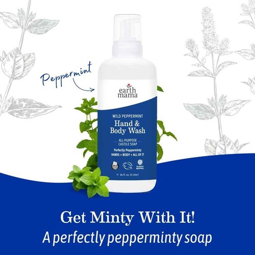 Earth Mama Wild Peppermint Hand & Body Wash | Foaming Hand Soap Refill, Castile Soap Liquid Made with Organic Wild Mint & Peppermint Oil, 34 fl oz