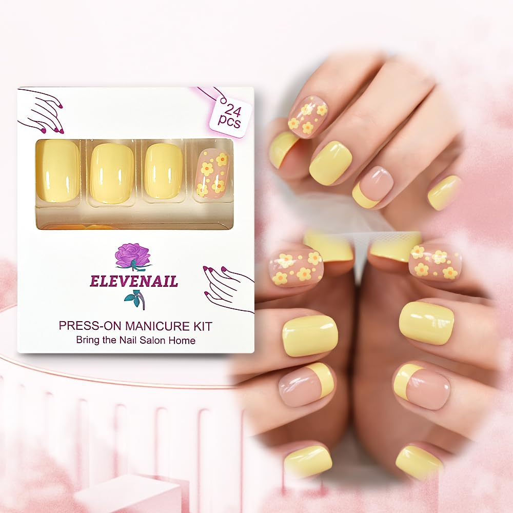 ELEVENAIL Light Yellow Flower French Press on False Nails Short Squoval Salon DIY Manicure Reusable Fake Acrylic Nail Art Tips Gifts for Daily Office Party Home