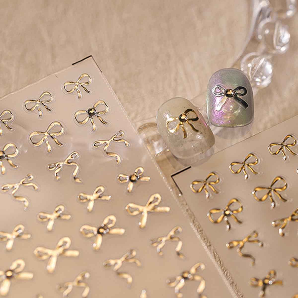 5D Embossed Bow Nail Art Stickers Gold Bow Knot Nails Stickers Self Adhesive Nail Decals Rhinestone Design Manicure for Women Nail Art Decorations