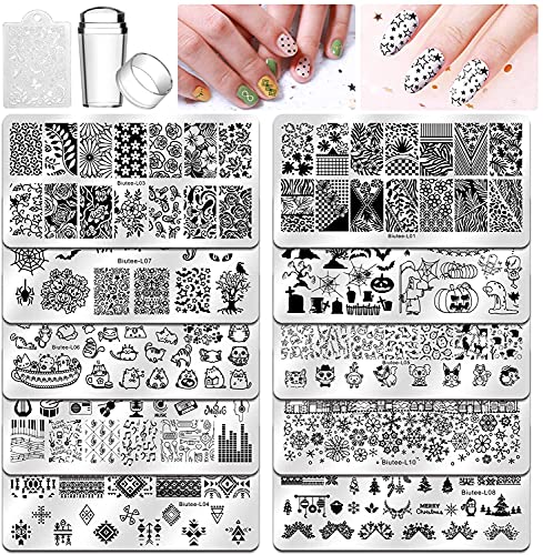 Biutee Nail Stamping Plates 10pcs Templates with Stamper Nail Stamper Nail Art Plates Kits Nail Plates Template Plates Leaves Flowers Animal Holiday Design