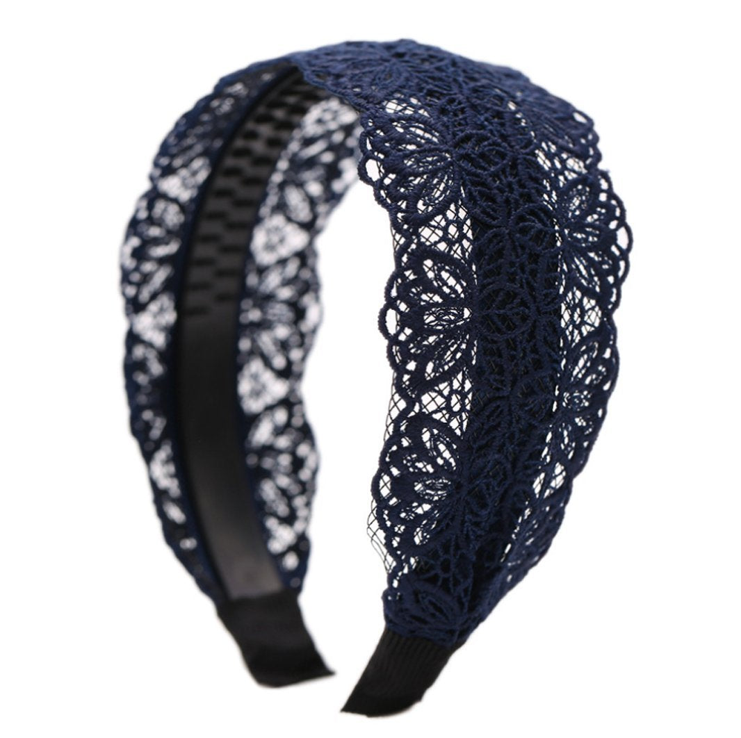 mollensiuer Fashion 2 Inch Wide Lace Headband Hair Band with Teeth for Women and Girls (Blue)