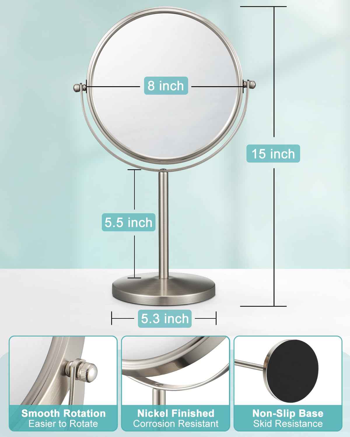 ALHAKIN 1X/15X Magnifying Makeup Mirror, Double Sided Mirror with Stand, Tabletop Desk Mirror 360°Rotation for Bathroom, Nickel
