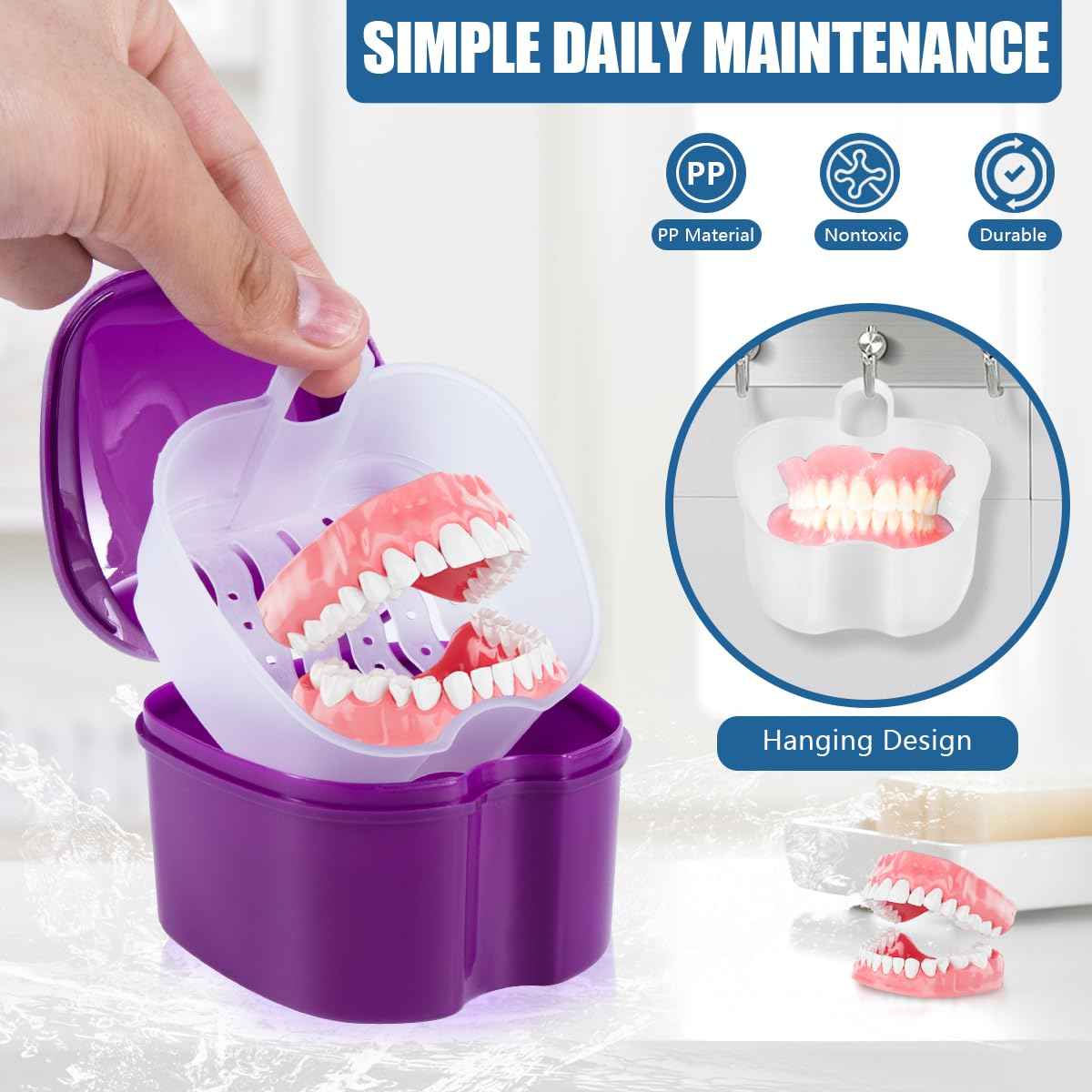KISEER 2 Pack Denture Bath Case Cup Box Holder Storage Container with Denture Cleaner Brush Strainer Basket for Travel Cleaning (Pink and Purple)