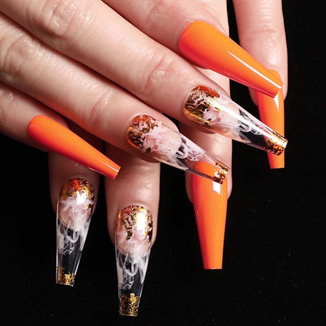 Outyua Glossy Smoke Pattern Fake Nails Coffin Extra Long Press on Nails with Design Ballerina Acrylic Cute False Nails 24Pcs (Orange)