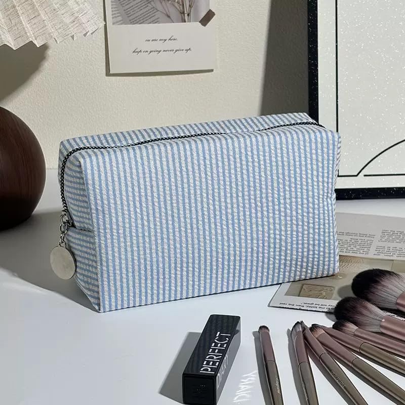 6-Pack Light Blue Seersucker Makeup Bags Set