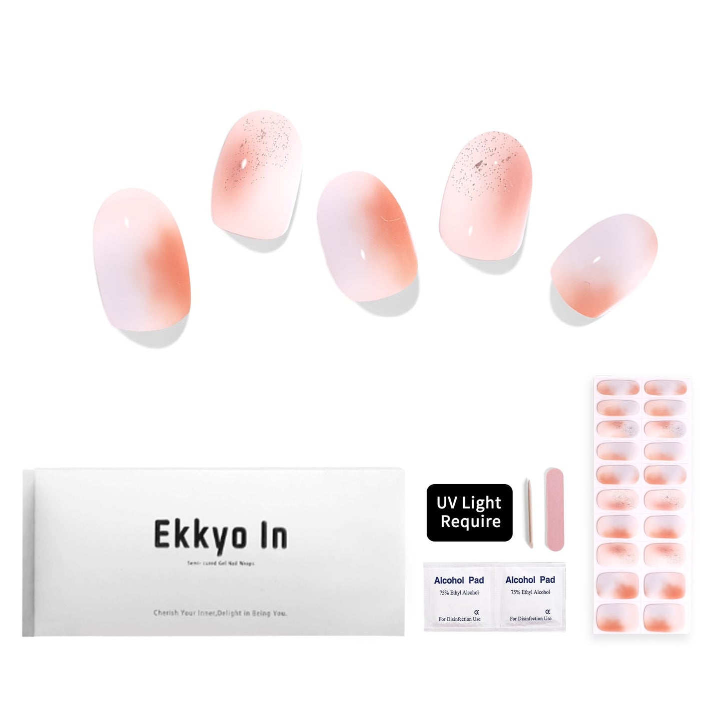 Ekkyo In Semi Cured Gel Nail Strips, Chip Resistant, Easy to Use Gel Nail Strips, Long Lasting 20 Pcs Semi Cured Gel Nail Wraps, Nail Art at Home, Works with Any UV Nail Light, Ink Orange