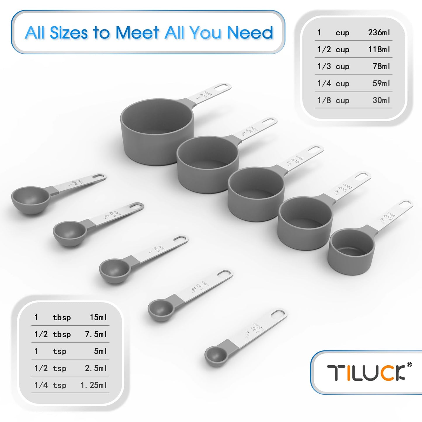 TILUCK Measuring Cups & Spoons Set, Stackable Cups and Spoons, Nesting Measure Cups with Stainless Steel Handle, Kitchen Gadgets for Cooking & Baking (Gray)