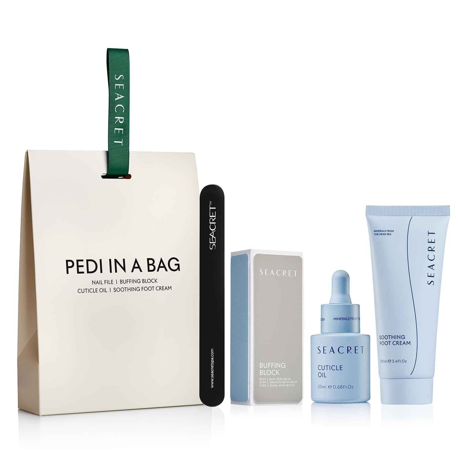 SEACRET Minerals Nail Care Collection, DIY Salon Pedicure, Dead Sea Finger & Toenail Treatment Set with File, 3-Way Buffer Block, 1 Oz Cuticle Oil, & 3.4 Oz Foot Cream, All Skin Types, 4 Piece Kit