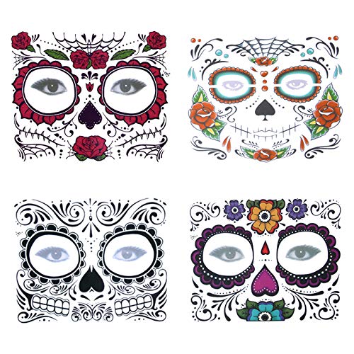 4 Kits Day of the Dead Sugar Skull Temporary Face Tattoo Makeup Tattoo for Men and Women with 1 Rose Red Flower Crown Headband for Halloween Costume