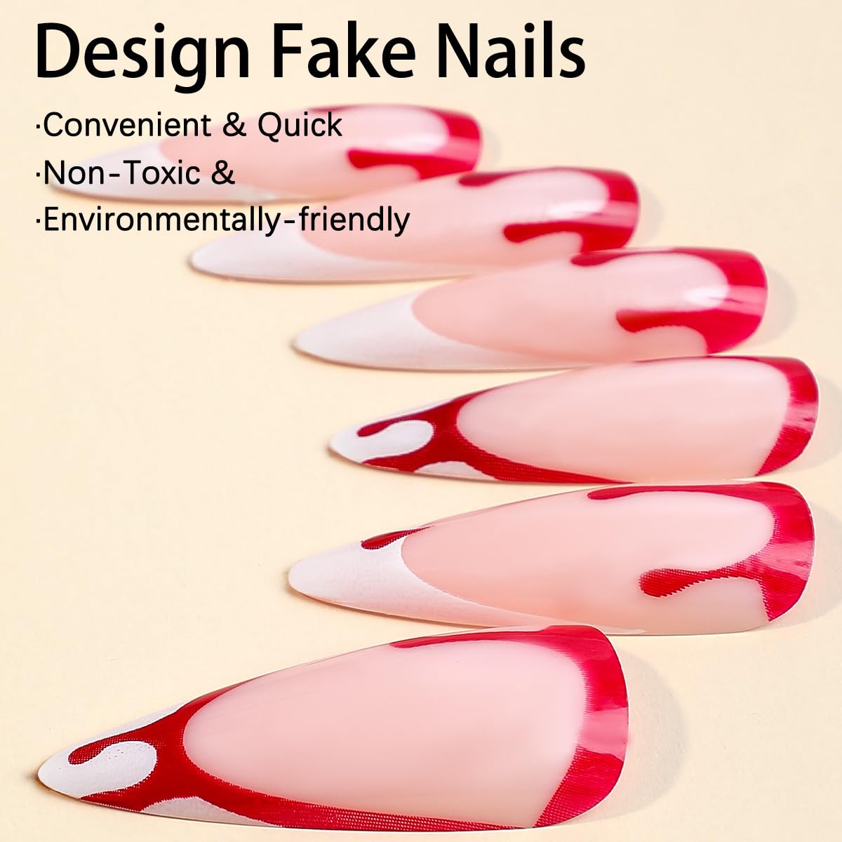 24 Pcs Halloween Blood Press on Nails Long Almond Shaped Halloween Fake Nails White French Tip Glue on Nails, Exquisite Long Halloween Fake False Nails with Red Blood Designs for Women