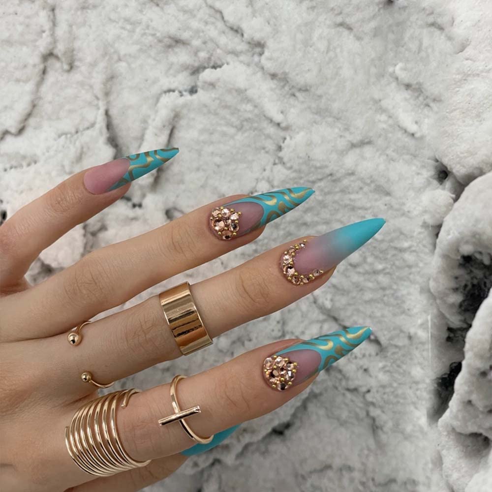 Redykat 24PCS Stiletto Matte Press On Nails, Salon Quality Nail Art, Extra Long Acrylic False Nails, Fake Nails, Home Quick Manicure (bluegreen ombre)