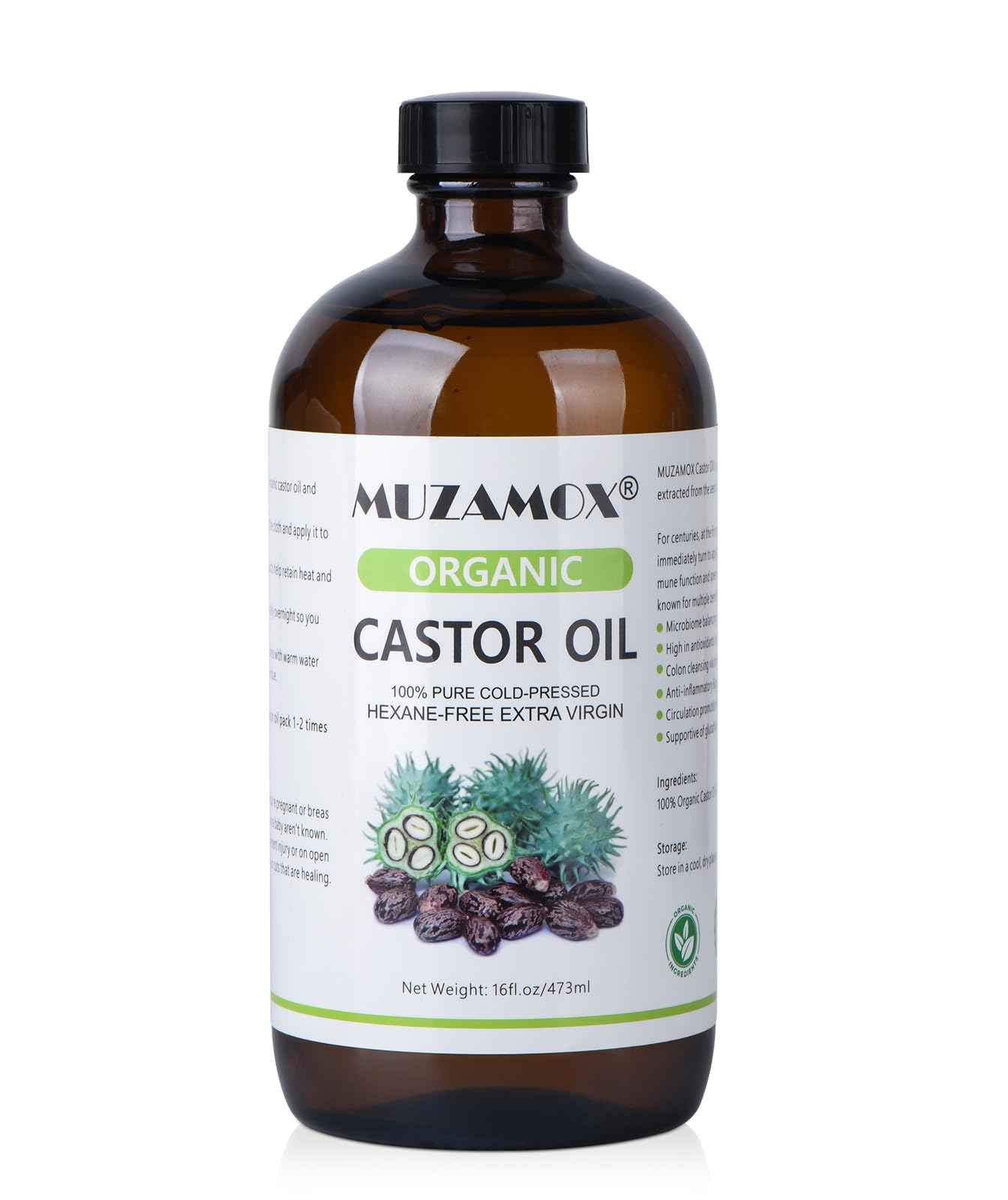 Castor Oil Organic Cold Pressed Unrefined Glass Bottle, 100% Pure and Hexane Free, Ideal for Castor Oil Pack, Skin Care, and Hair Growth, 16 Fl Oz