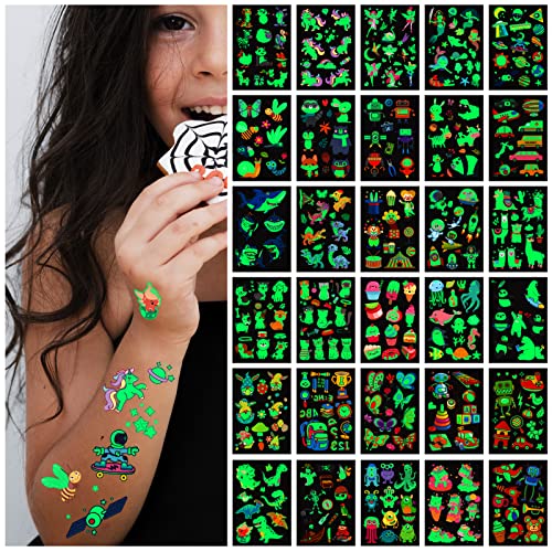 Awinmay 400 Pcs Kids Luminous Temporary Tattoos - 30 Sheets, Glow in Dark Fun