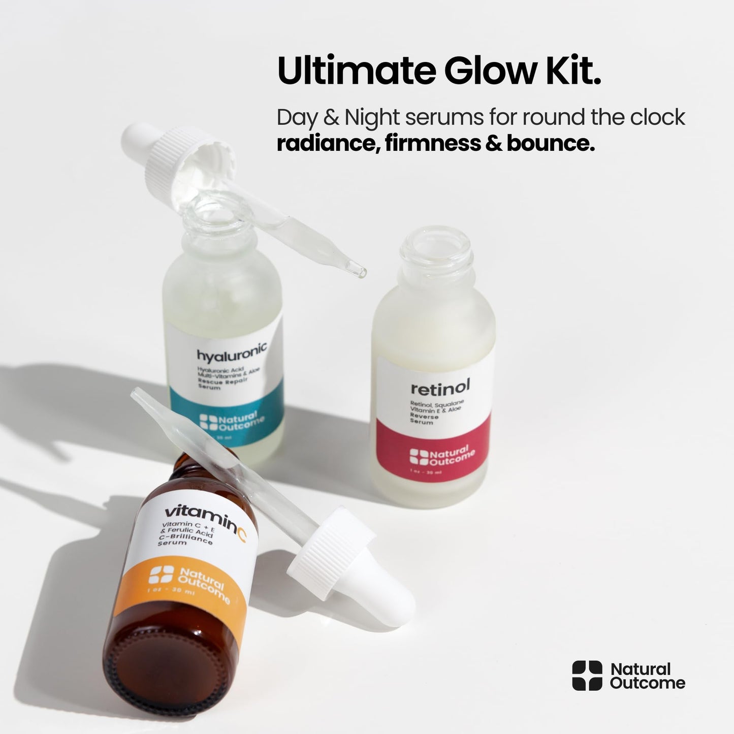 Natural Outcome Hyaluronic Acid, Vitamin C Face Serum and Retinol Facial Serum - Night and Day Anti Aging Facial Serum and Hydrating Serum Set 1 oz Each, Vegan, Cruelty Free & Fragrance Free