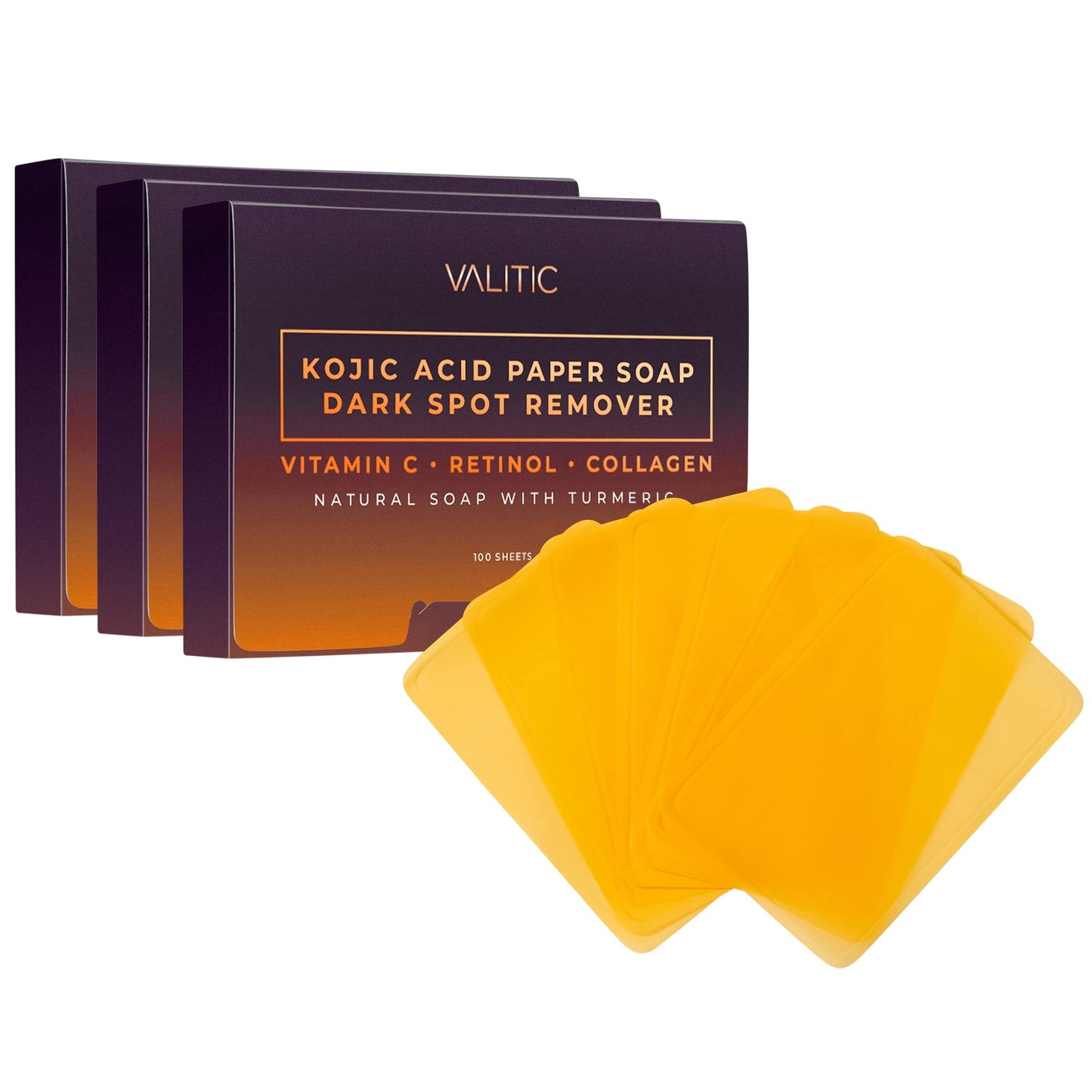 VALITIC Kojic Acid Dark Spot Corrector Paper Soap - Travel Size - 100 Portable and Dissolvable Soap Sheets - with Vitamin C, Retinol, Collagen and Turmeric - 3 Pack