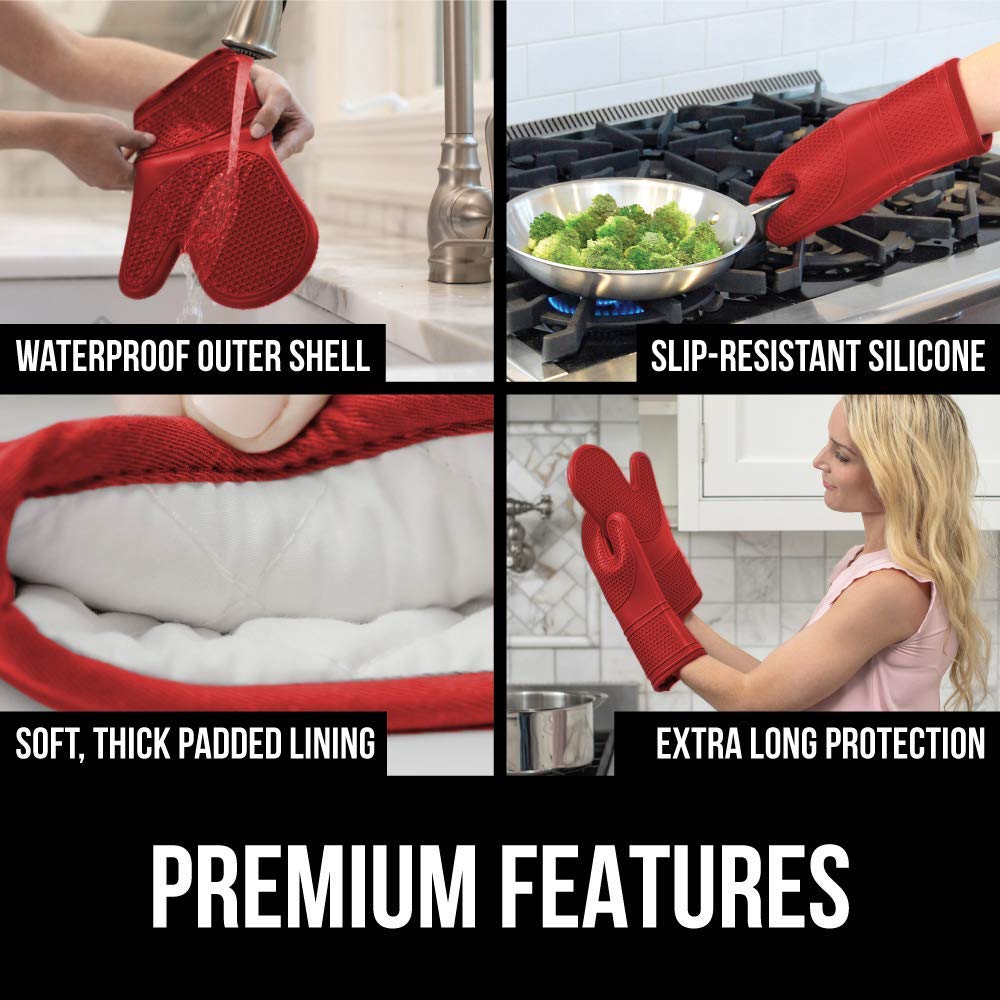 Gorilla Grip Heat and Slip Resistant Silicone Oven Mitts Set, Soft Cotton Lining, Waterproof, BPA-Free, Long Flexible Thick Gloves for Cooking, BBQ, Kitchen Mitt Potholders, 12.5 in, Red