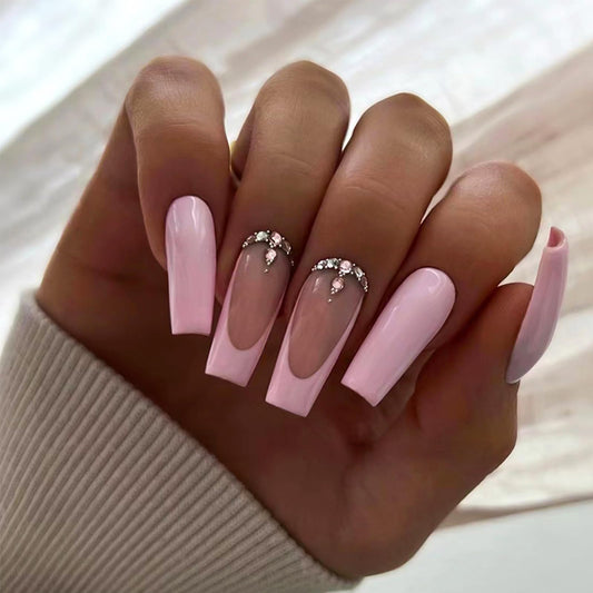 FOAMEE French Tip Press on Nails Long Luxury Coffin Pink Fake Nails with Rhinestones Designs Acrylic Glossy False Nails for Women