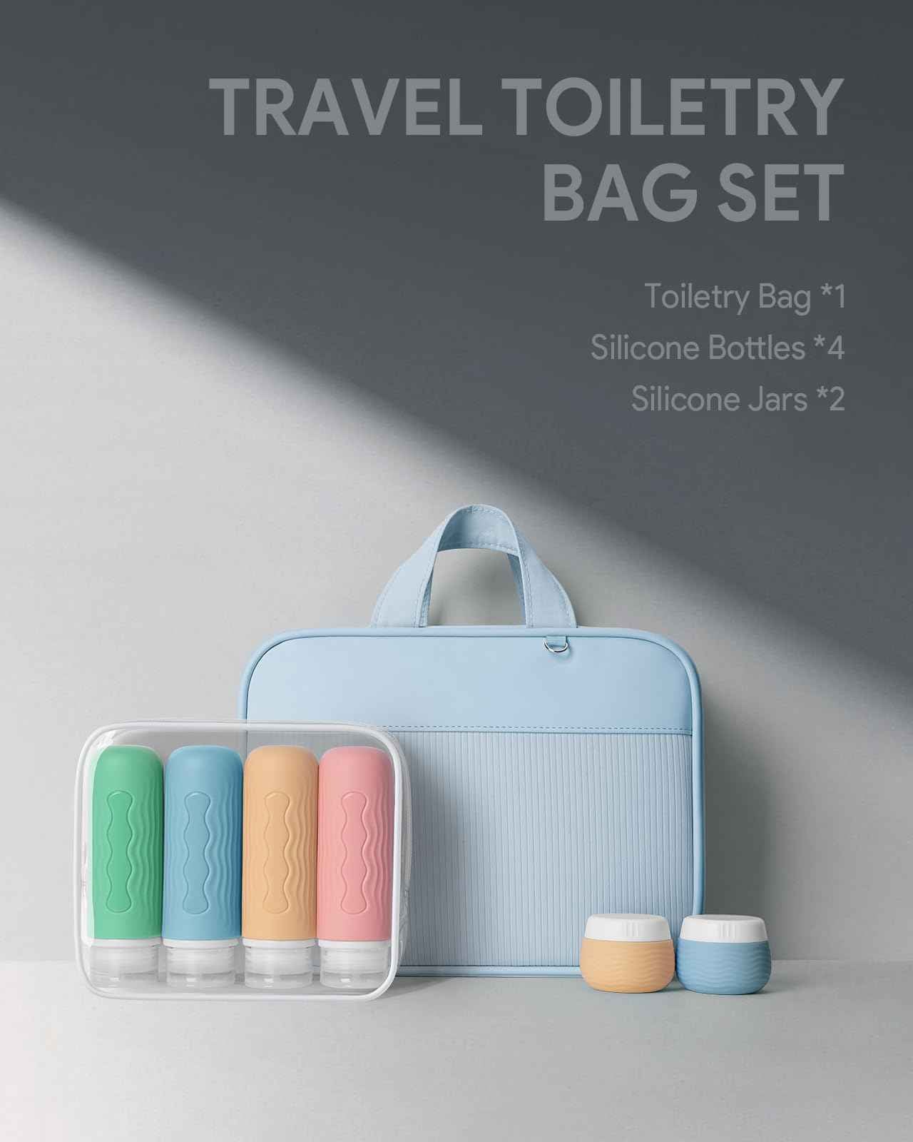 Lotour Travel Toiletry Bag for Women with Travel Size Silicone Containers Set, Hanging Toiletry Bag for toiletries, Cosmetic Bag Travel Organizer (Blue)