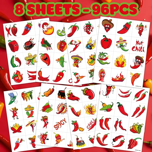 96 PCS Chili Peppers Pre-Cut Temporary Tattoos Birthday Party Decorations Favors Supplies Hot Spicy Mexican Cinco De Mayo Fiesta Chili Cook Off Blow Up Food Decor Stickers Gift School Prizes Rewards