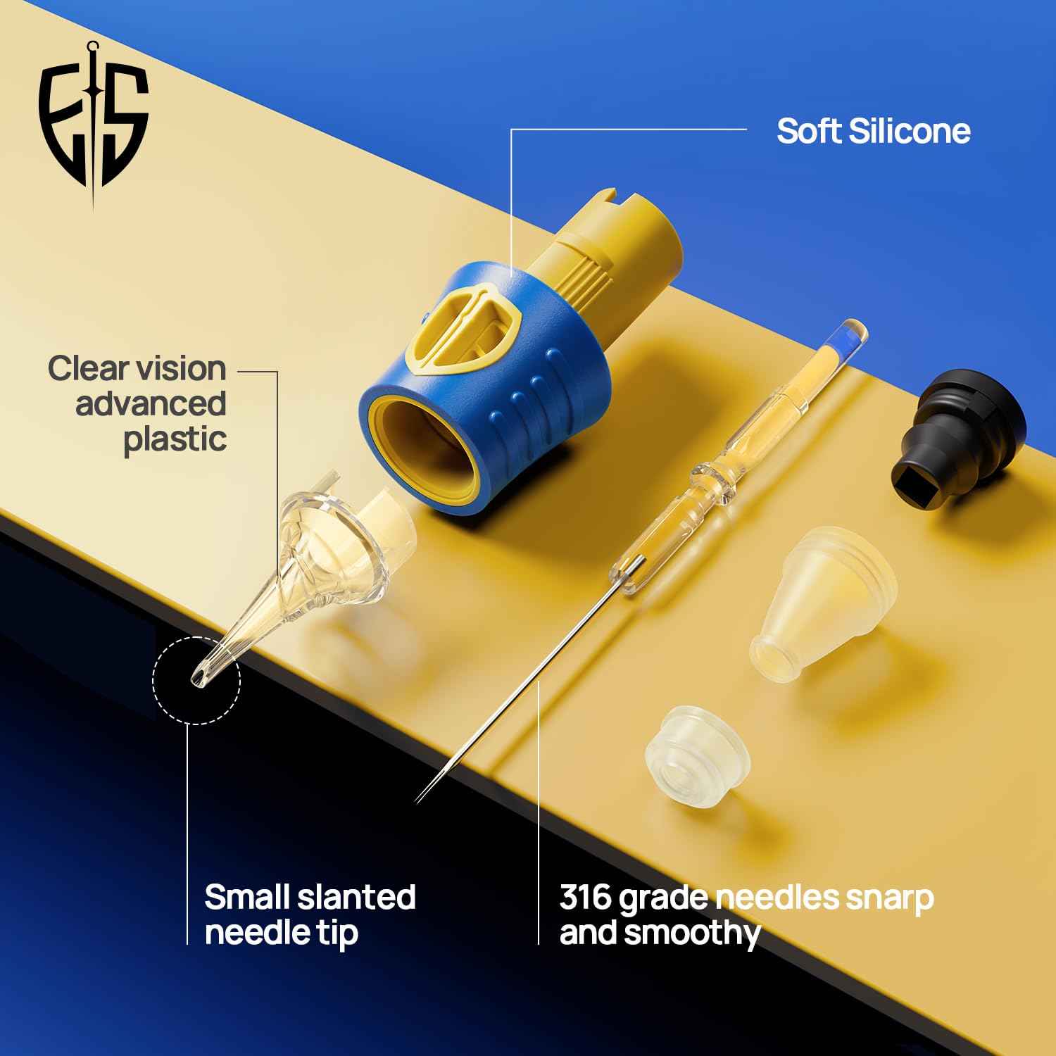 ES SHIELD Tattoo Needles, 50pcs Assorted Silicone Finger Ledge Tattoo Cartridge Needle #12 Standard 3RL 5RL 7RL 9RL 11RL Round Liner for Tattoo Pen Tattoo Supplies