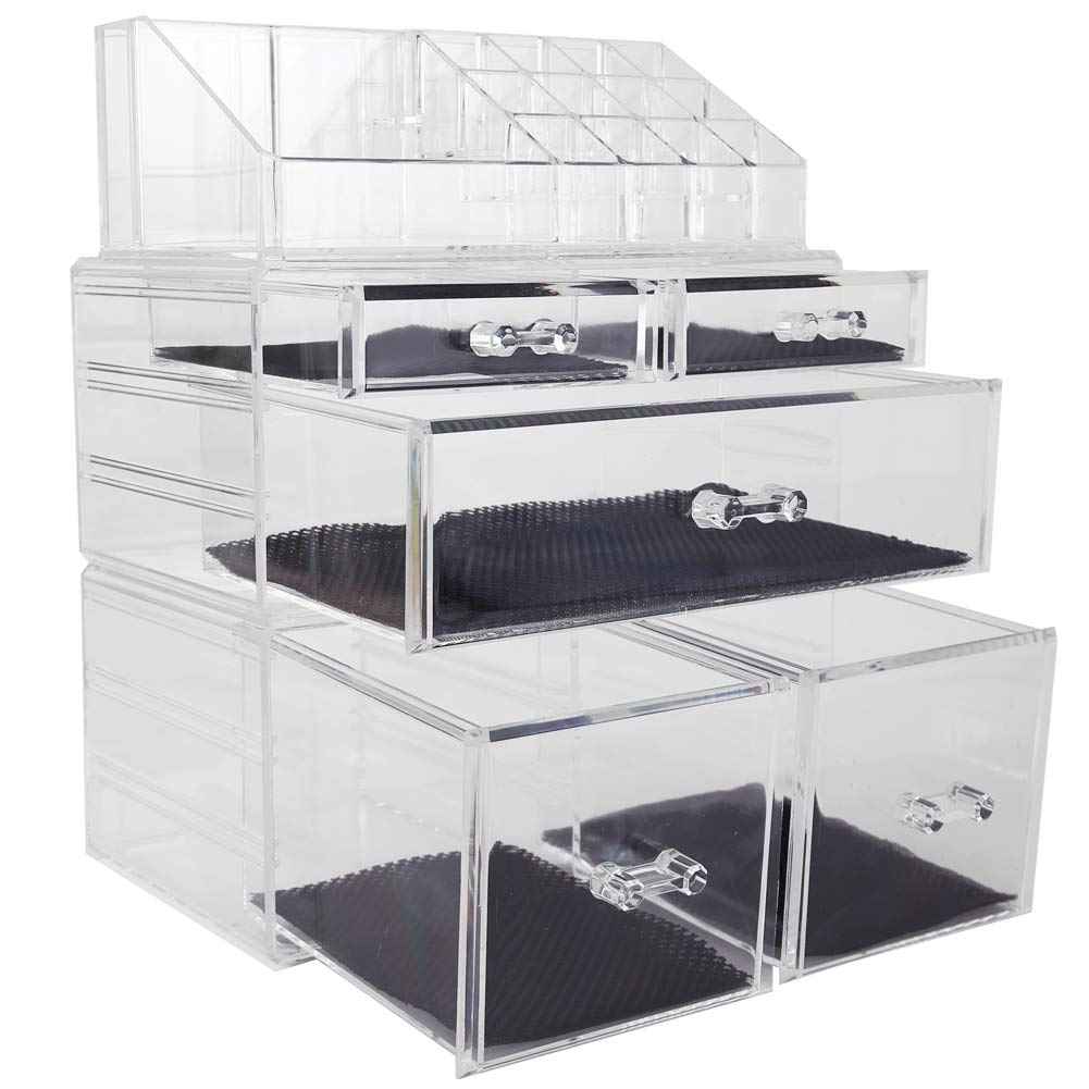 Sooyee Makeup Organizer,Acrylic Cosmetic Organizer Storage Drawers Jewelry and Cosmetic Display Cases Box(5 Drawers 7 Tiers) 3 Pieces Stackable,Clear