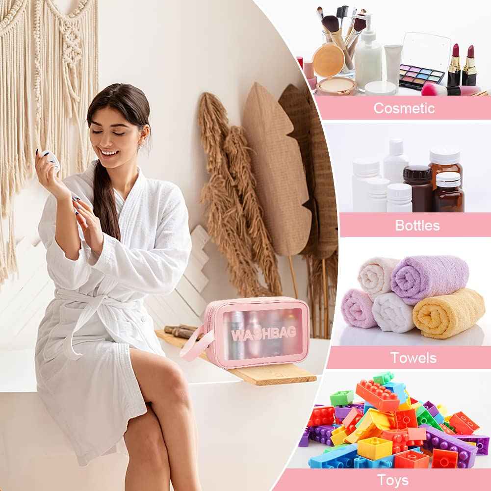 Aucuu 5PCS Clear Toiletry Bags, Wash Bag, Clear PU Makeup Bag, Waterproof Toiletry Travel Bag with Zipper Handle, Portable Airport Cosmetic Bag for Travel Bathroom Men Women (Pink)