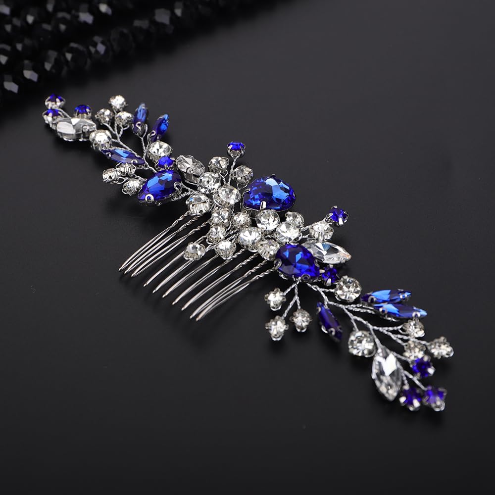 Teyglen Bridal Hair Comb with Blue Rhinestones and Crystals for Women, Bridesmaids, Girls - 15*8cm/5.9*3.14in, Alloy, One Count