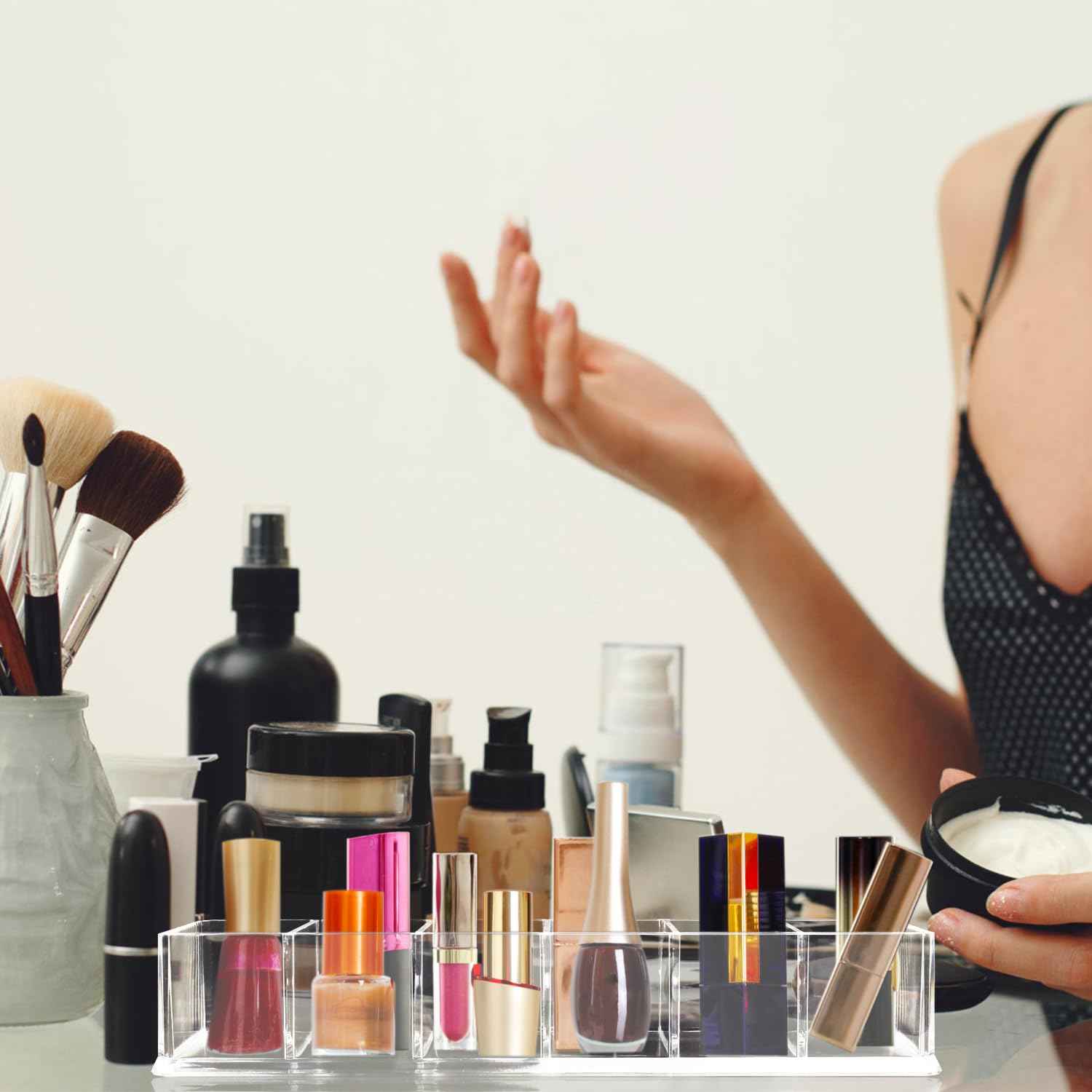 Nsmykhg Makeup Organizer Acrylic Cosmetic Storage Organizer,6 Compartments Acrylic Cosmetic Storage Jewelry Display Boxes, Clear Drawer Organizers Case,4 Pack (10 x 3.5 x 1.9 inches)