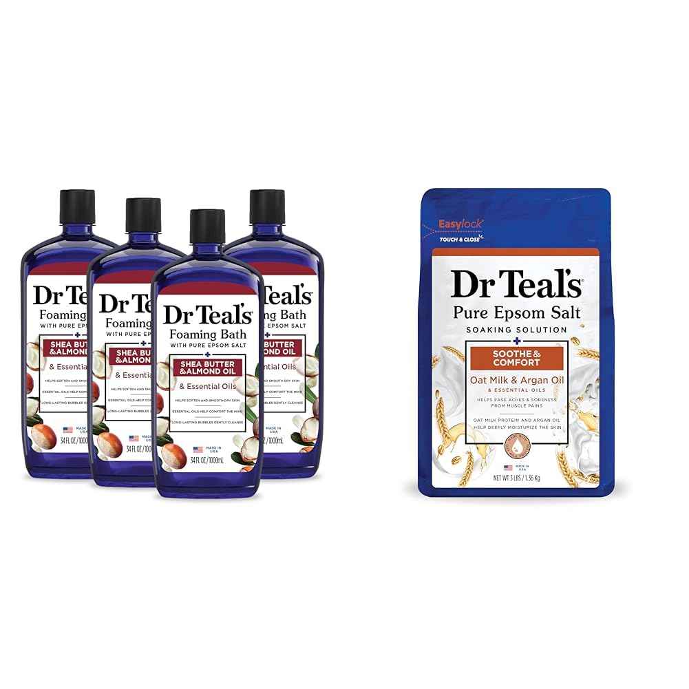 Dr Teal's Foaming Bath with Pure Epsom Salt, Shea Butter & Almond, 34 fl oz (Pack of 4) (Packaging May Vary) & Pure Epsom Salt Soak, Soothe & Comfort with Oat Milk & Argan Oil, 3 lbs