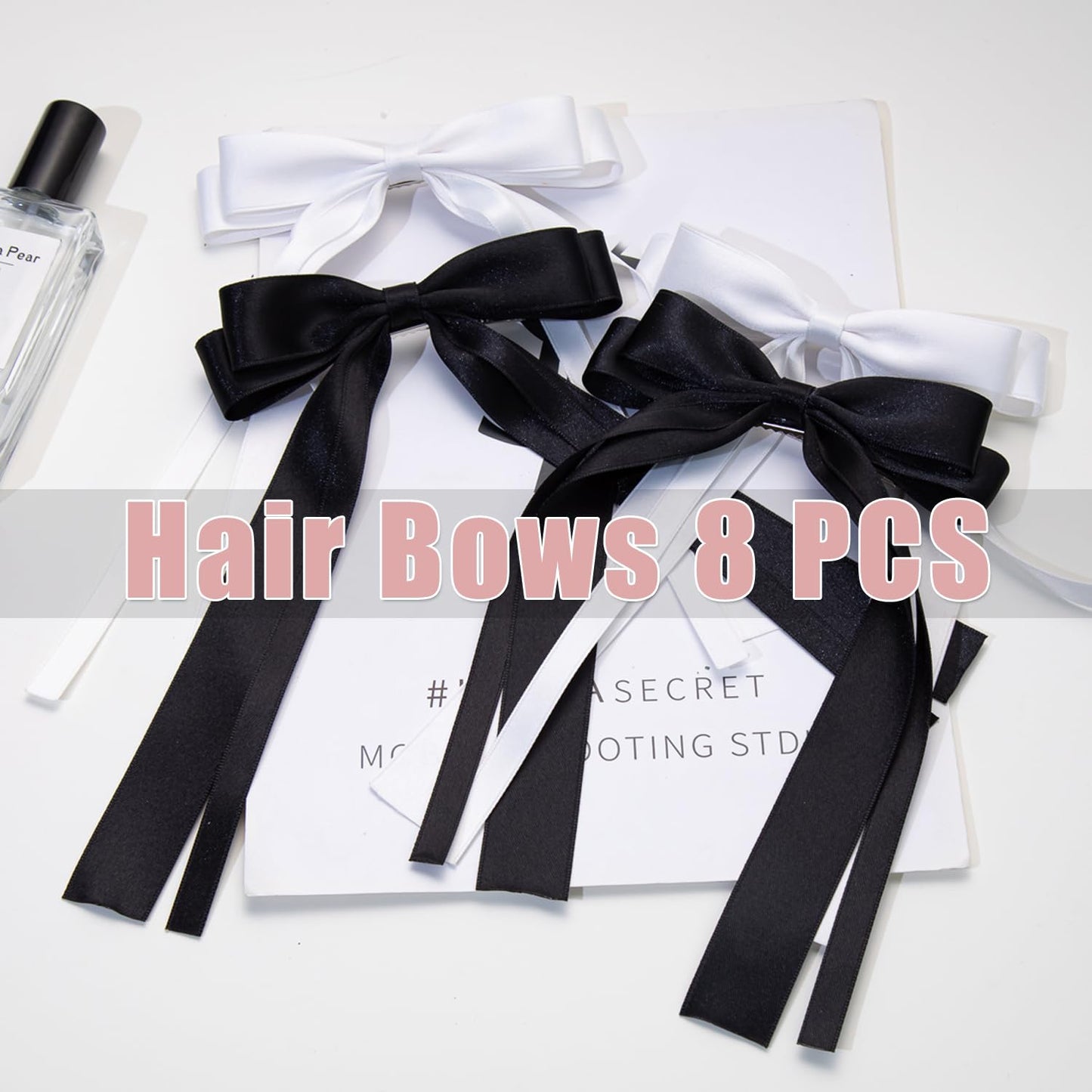 Hair Bows 8 PCS Ribbon Bow for Women,Hair Bows for Women,Hair Ribbons,Oversized Long-tail Cute Aesthetic Hair Accessories,Large Hair Barrettes for Women,Big Bows for Girls,Big Hair Bow（Black White）