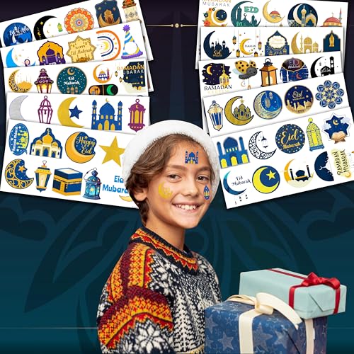 Eid Mubarak Temporary Tattoos 10 Sheets 100 PCS Ramadan Kareem Party Decorations Favors Supplies Themed Birthday Stickers Christmas Gifts for Boys Girls Class School Prizes Carnival Christmas