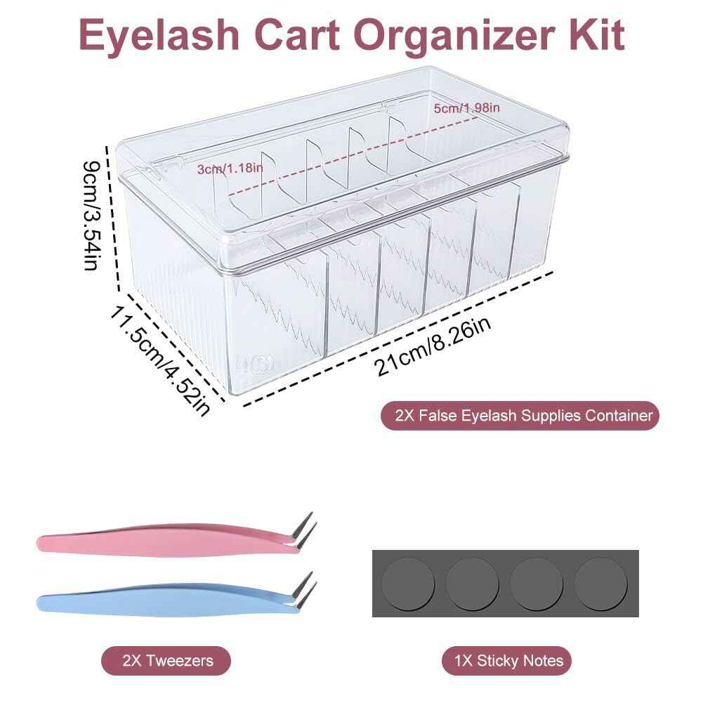 zxbaers Acrylic Lash Extension Organizers and Storage, 2PCS False Eyelash Supplies Container,Eyelash Cart Organizer with 2PCS Tweezers and Sticky Notes，Neatly Store and Organize Your Lash Supplies