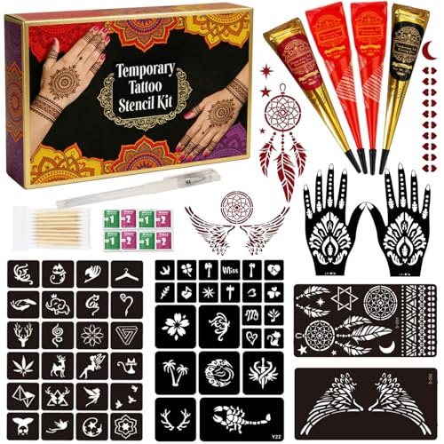 Temporary Tattoo Kit with 4 Inks & 77 Stencils - Safe & Easy DIY Body Art