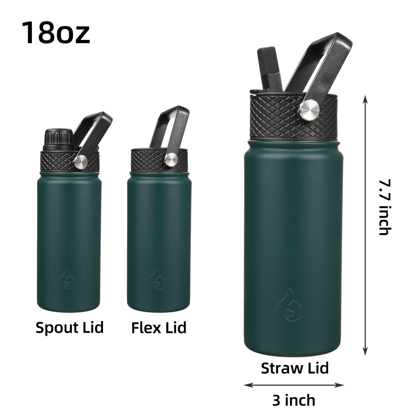 BJPKPK Insulated Water Bottles with Straw Lid, 18oz Stainless Steel Metal Water Bottle, Cold & Hot Water Bottle with 3 Lids, Leak Proof BPA Free Travel Cup, Wide Mouth Flasks, Thermos-Army Green