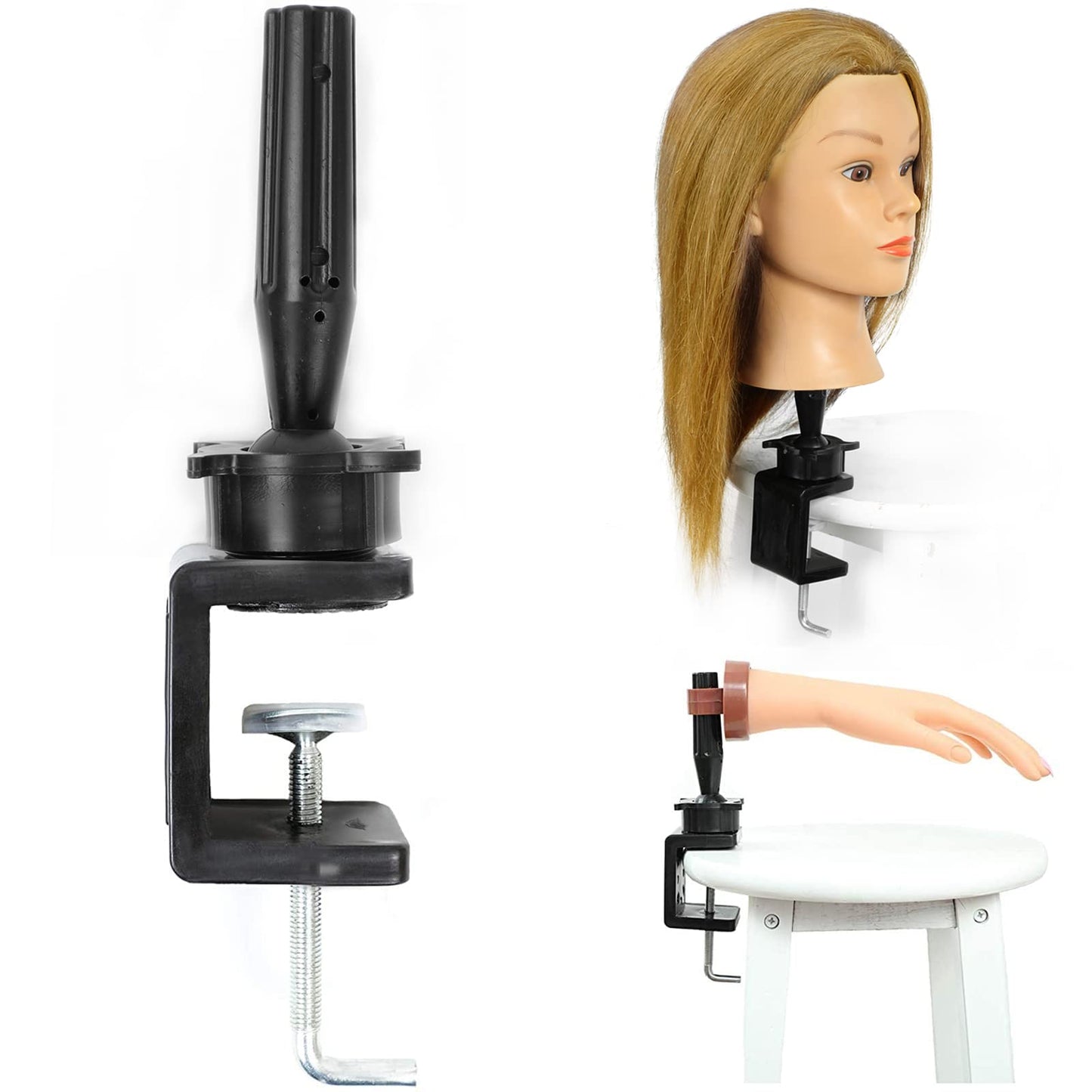 Wig Head Stands Mannequin Head Stand Cosmetology Manikin Training Head Stand Holding Holder Clamp Stands Black C-Clamp Holder Practice Hand Stand Adjustable Rotary Desk Table Clamp Holder (1 PCS)