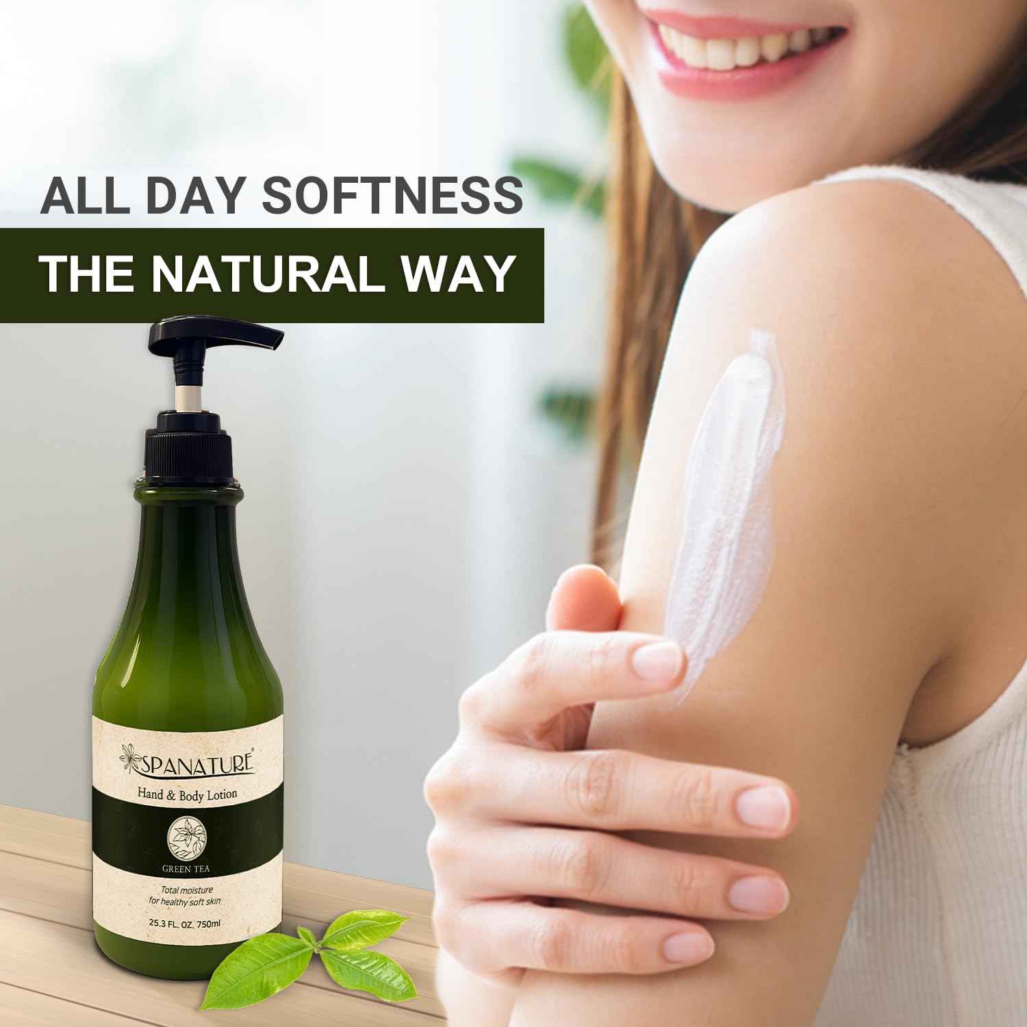 Spanature Green Tea Body Lotion For Women - Natural Green Tea Moisturizer for Face & Hands, Nourishing & Restoring Formula – Non-Greasy, Fast Absorbing - 750ml/25oz with Pump, Made in Korea