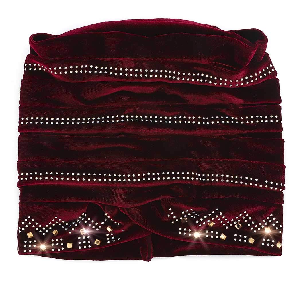 Bohend Vintage Rhinestone Turban Sleep Headwrap Wide Sparkly Sleep Turban Headband Crystal Muslim Hat Headwear Beanie Pre-Tied Bonnet Velvet Hat Cap Hair Wrap for Women and Girls (Wine red)